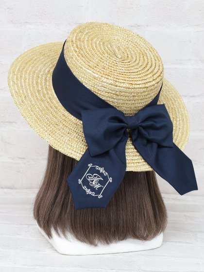 モノグラム刺繡入りリボンカンカン帽