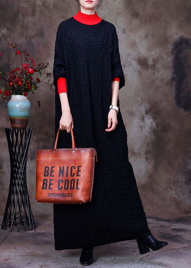 レディース ブラック ドルマンスリーブ ニット ロングセーター 冬用