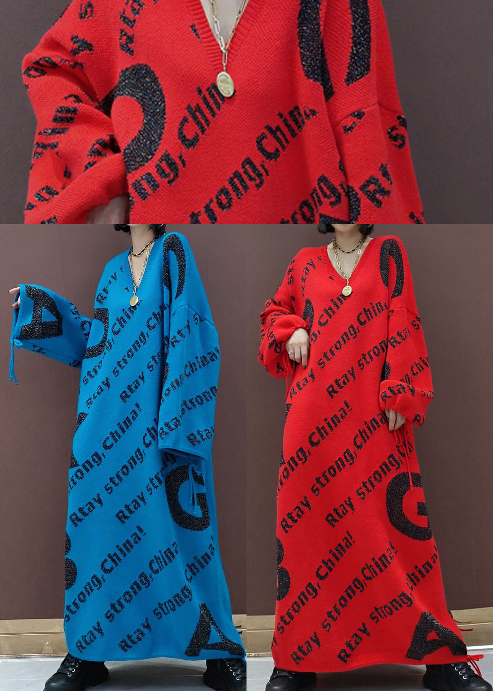 ブルー プリント ゆったり ニット セーター ロングワンピース 春