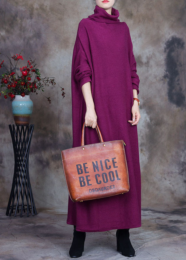 ボヘミアン風 パープル×レッド ルーズニット 休日ワンピース 春