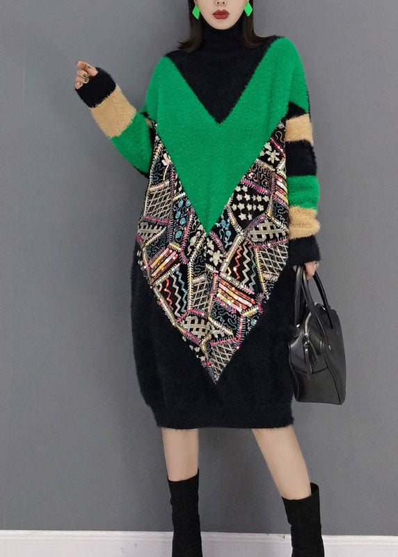 上品 ブラック タートルネック プリント 厚手 ミンクベルベット ワンピース 春