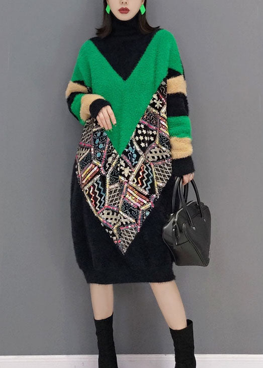 上品 ブラック タートルネック プリント 厚手 ミンクベルベット ワンピース 春