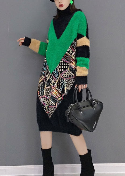 上品 ブラック タートルネック プリント 厚手 ミンクベルベット ワンピース 春