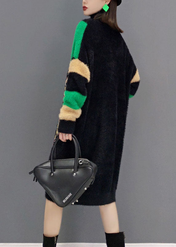 上品 ブラック タートルネック プリント 厚手 ミンクベルベット ワンピース 春