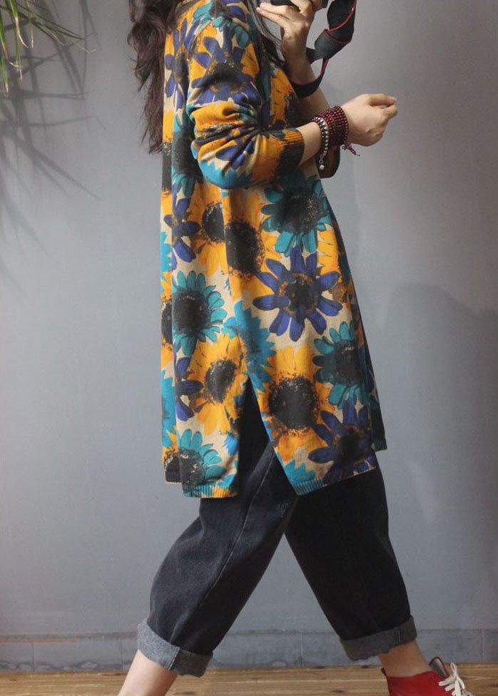 上品 カーキ Oネック プリント サイドスリット 秋 ニット ロングセーター