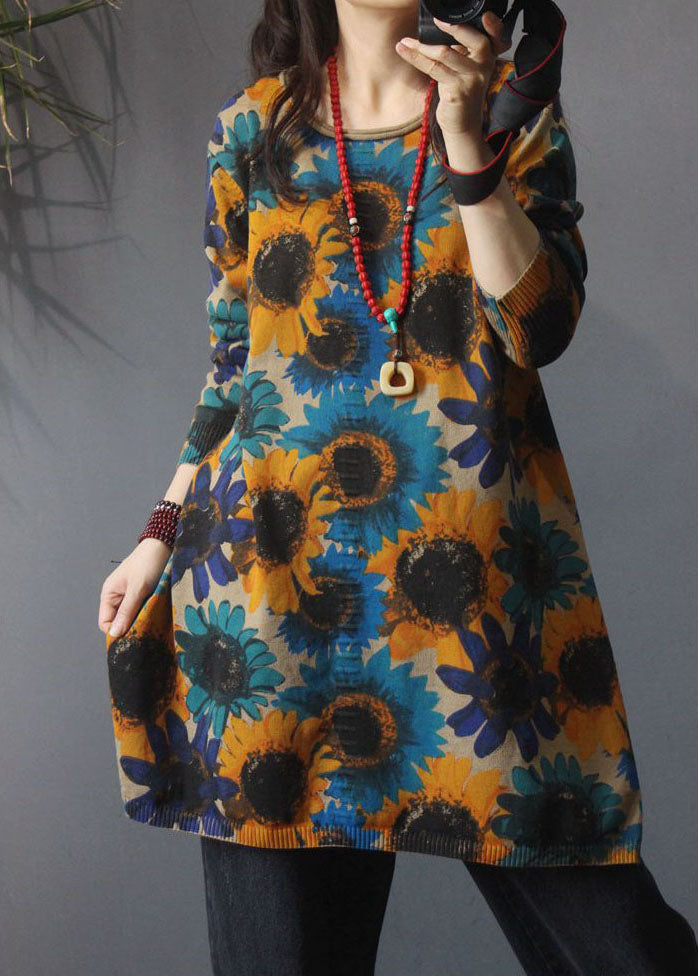 上品 カーキ Oネック プリント サイドスリット 秋 ニット ロングセーター