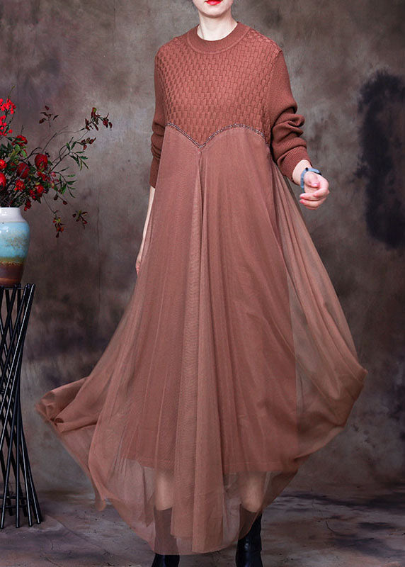 上品 カーキ Oネック アシンメトリーデザイン 秋 ニットワンピース