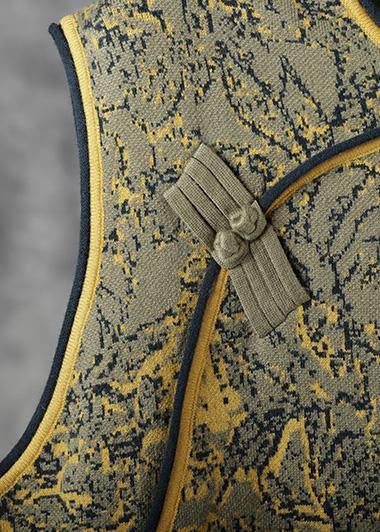 コージー イエローグリーン ワンピース 季節対応 チャイニーズボタン アートデザイン ノースリーブドレス