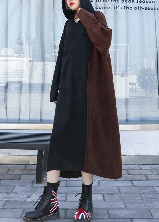 可愛い ブラウン パッチワーク セーター（ニット） レディース フード付き 冬用 ニットトップス