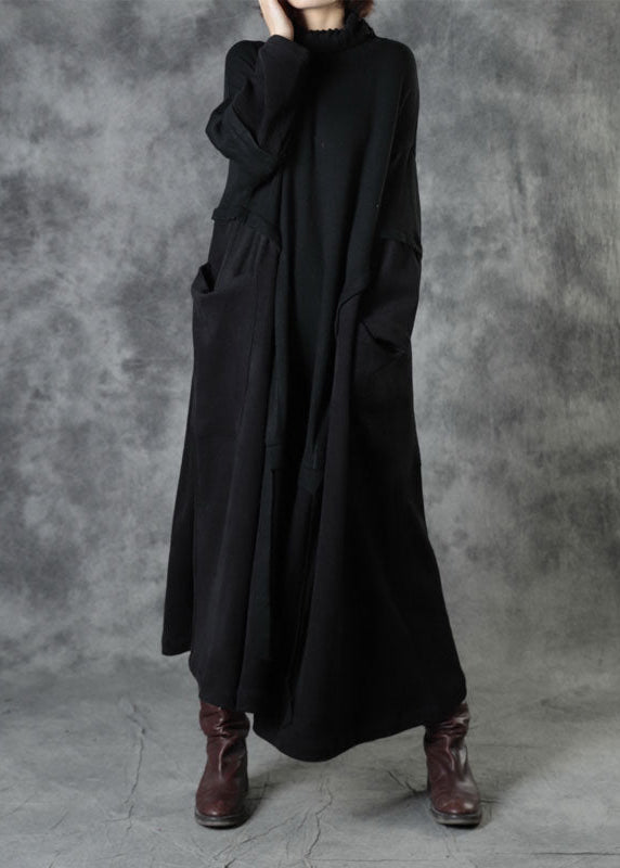 レディース ブラック タートルネック パッチワーク コーデュロイ風 秋用 ロング ニットセーター