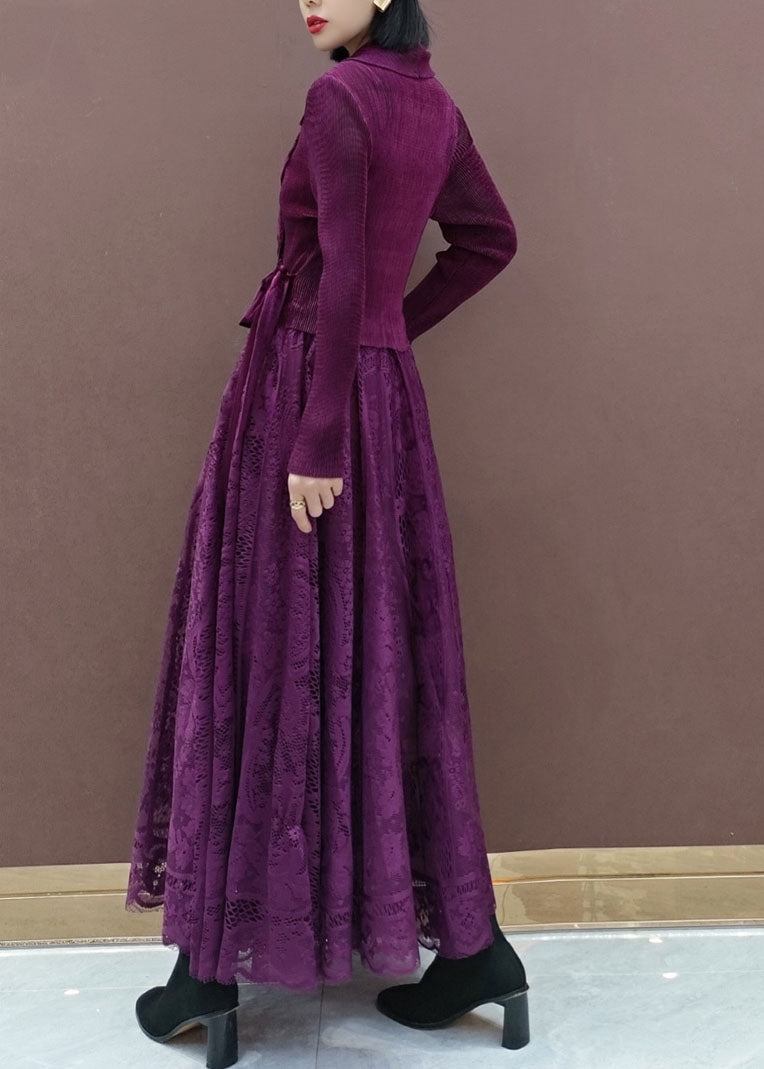 レディース パープル スリムフィット ウエストリボン ピーターパンカラー ニットトップス＋レーススカート セット 2点セット 春用