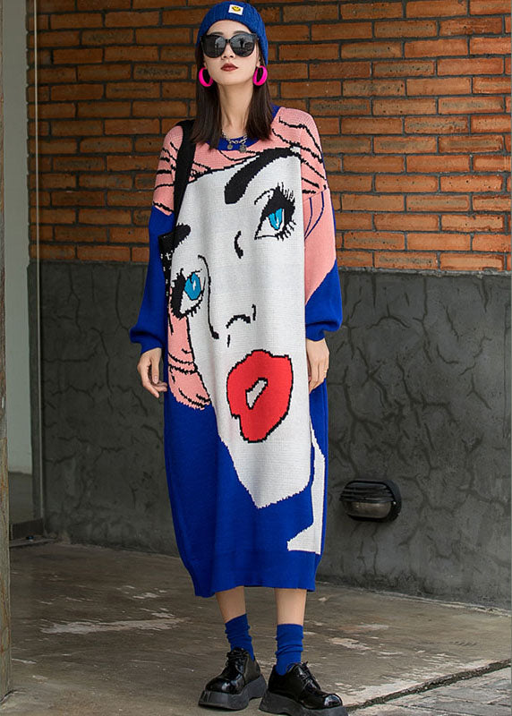 レディース フレンチブルー Oネック ゆったり ニットワンピース 秋用 ロング丈 長袖