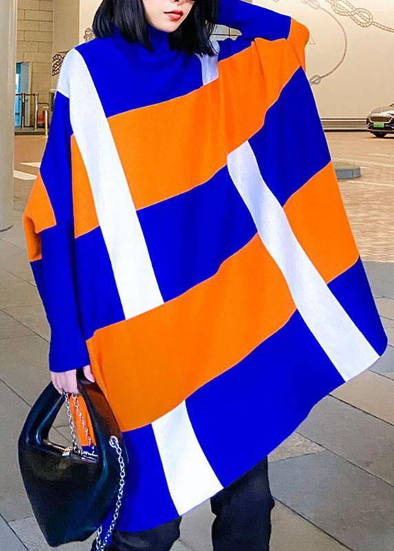 フレンチブルー タートルネック パッチワーク 秋 ストライプ ニットワンピース