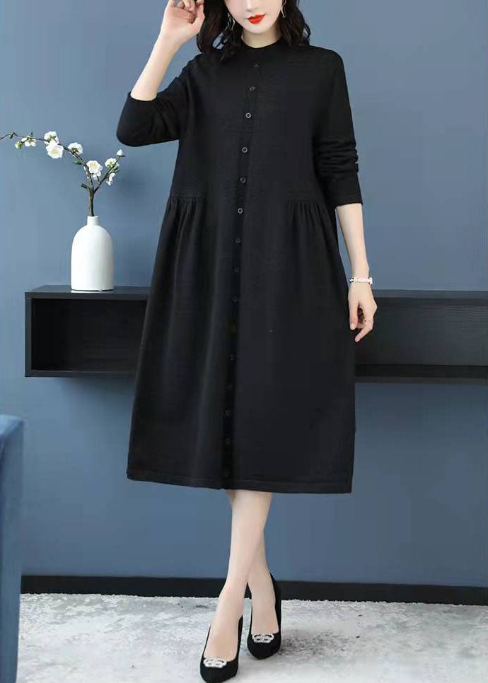 チョコレートカラー ニット セーターウェザー ラルゴ丈 ハイネック ボタン付き DIY風 ニットワンピース