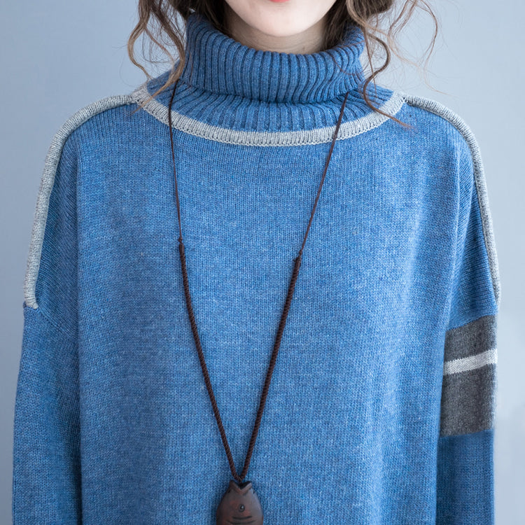 新作 ライトブルー ロング ニットワンピース 大きいサイズ パッチワーク 冬 ハイネック プルオーバー