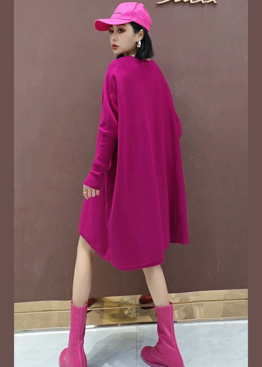 プラスサイズ ローズカラー Vネック 無地 ニットワンピース 春