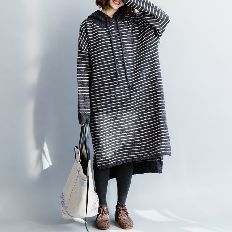 ヴィンテージ ニットトップス モーダ風 フード付き グレー ボーダー レディース ニットワンピース