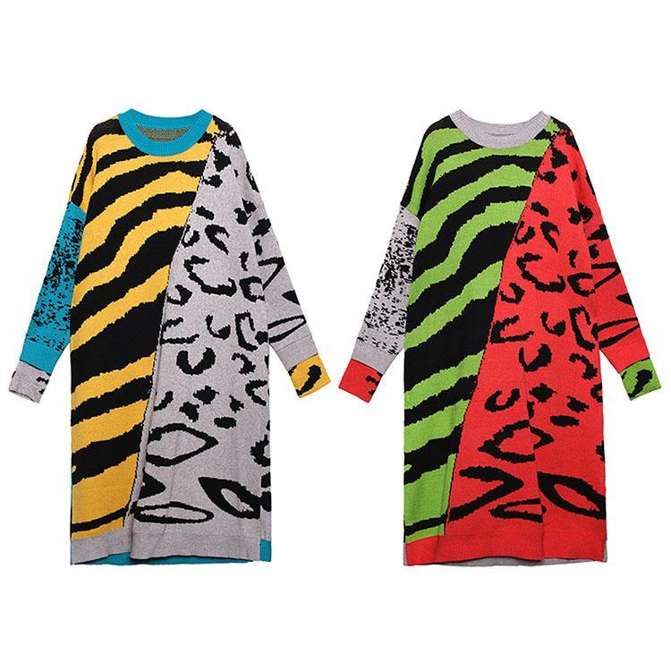 冬用 Oネック ルーズ（バギー） セーターワンピース アップサイクル風 イエロー プリント チュニック ニットワンピース