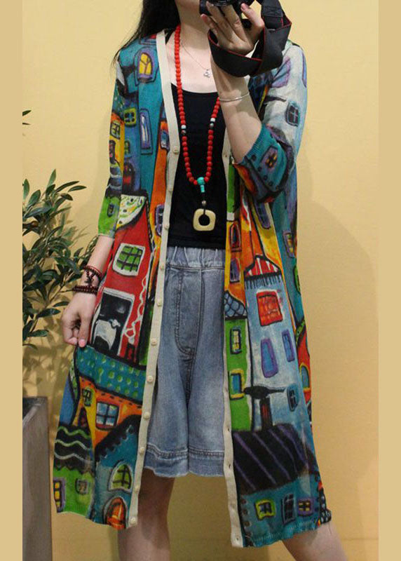 レディース ベージュ Vネック プリント サイドスリット 秋 ニット 長袖 カーディガン