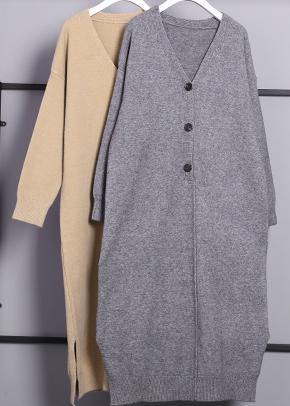 レディース Vネック サイドオープン セーター 上品カーキ ヒップスター ニットワンピース