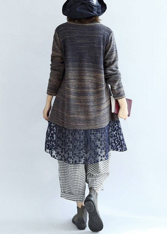 新作 マルチブルー コットン パッチワーク レース ニットワンピース 大きいサイズ カジュアル ミディ丈 セーターワンピース